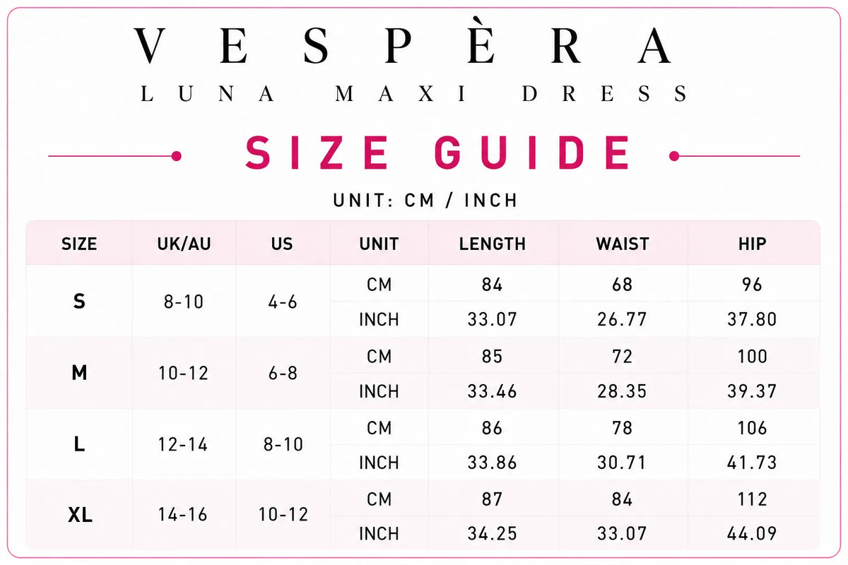 Vespera Luna Maxi Dress Size Guide