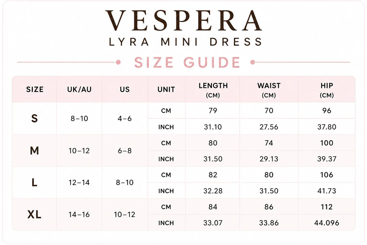 Vespera Lyra Mini Dress Size Guide