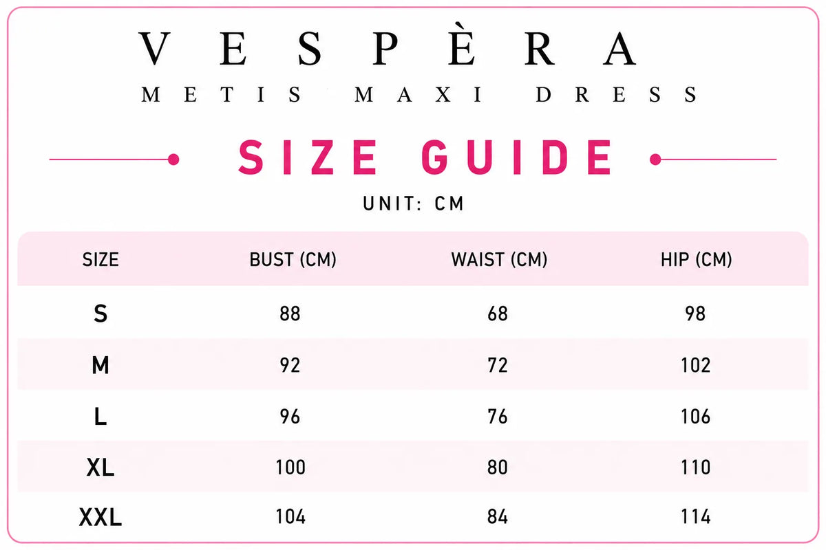 Vespera Metis Maxi Dress Size Guide