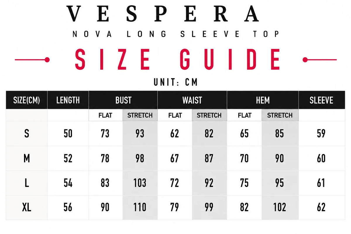 Vespera Nova Long Sleeve Top Size Guide