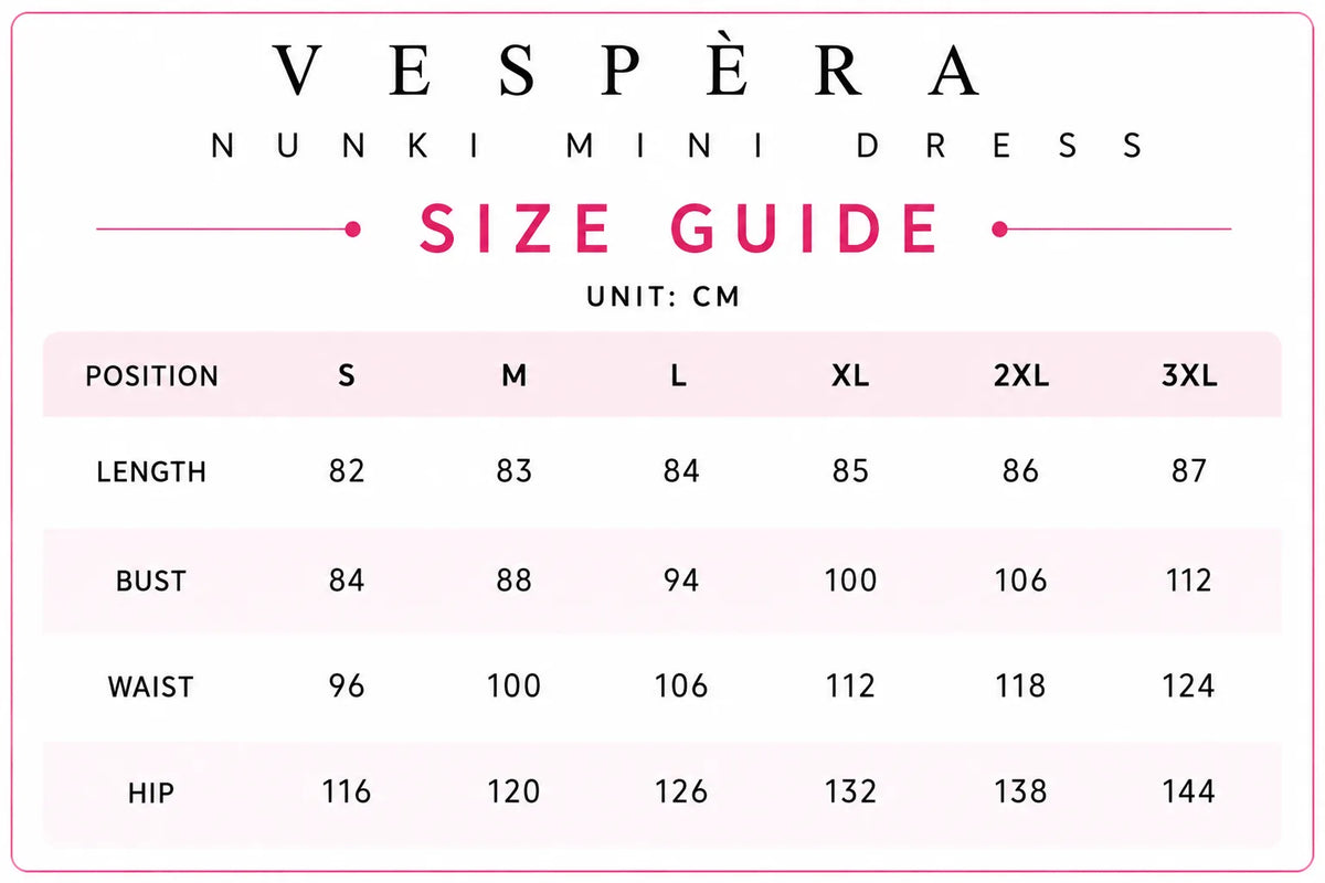Vespera Nunki Mini Dress Size Guide