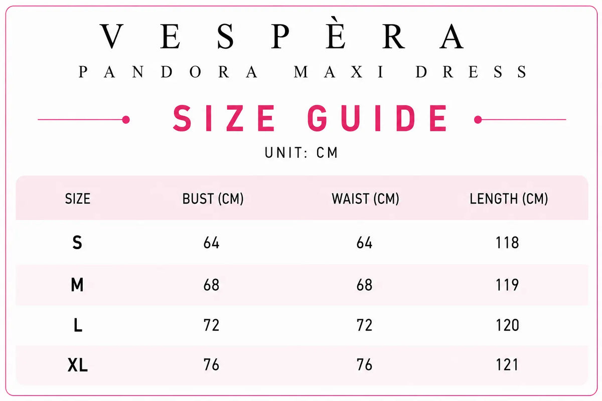Vespera Pandora Maxi Dress Size Guide