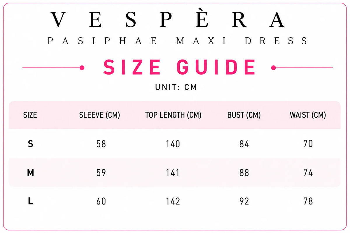 Vespera Pasiphae Maxi Dress Size Guide