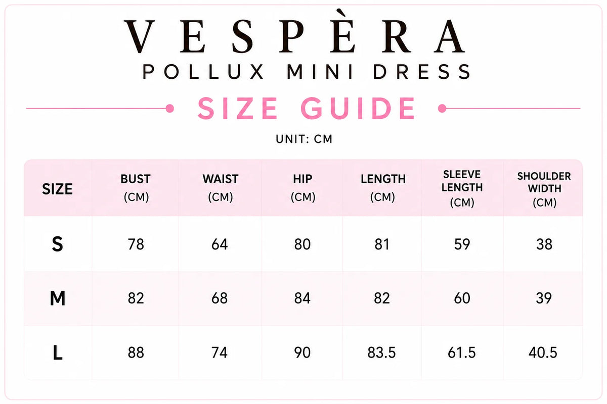 Vespera Pollux Mini Dress Size Guide