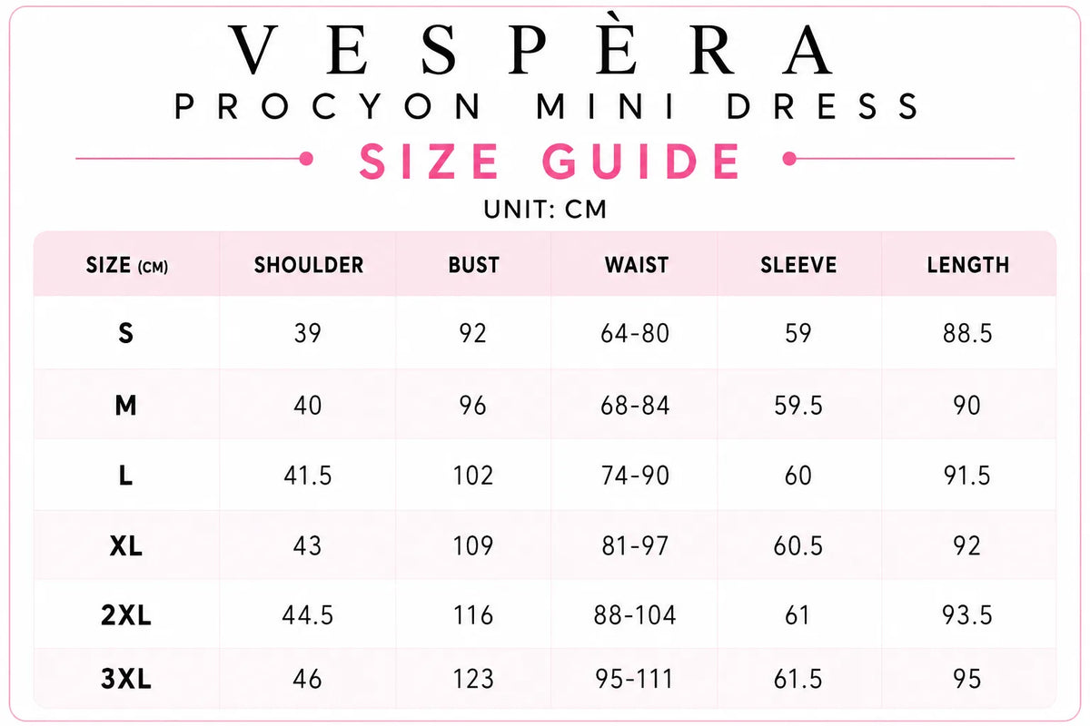 Vespera Procyon Mini Dress Size Guide