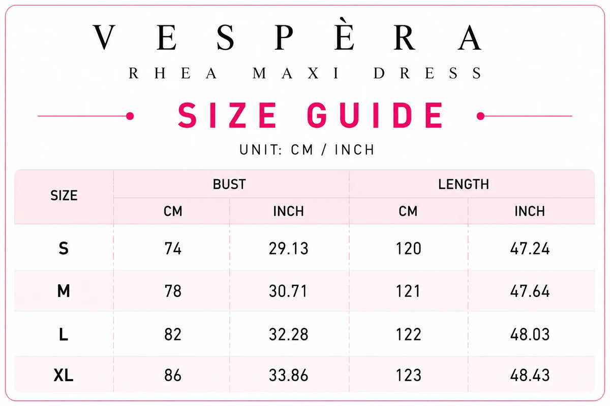 Vespera Rhea Maxi Dress Size Guide