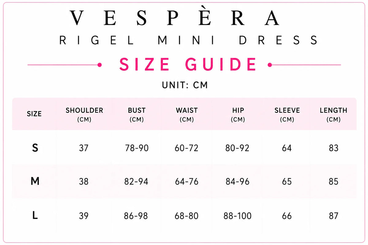 Vespera Rigel Mini Dress Size Guide