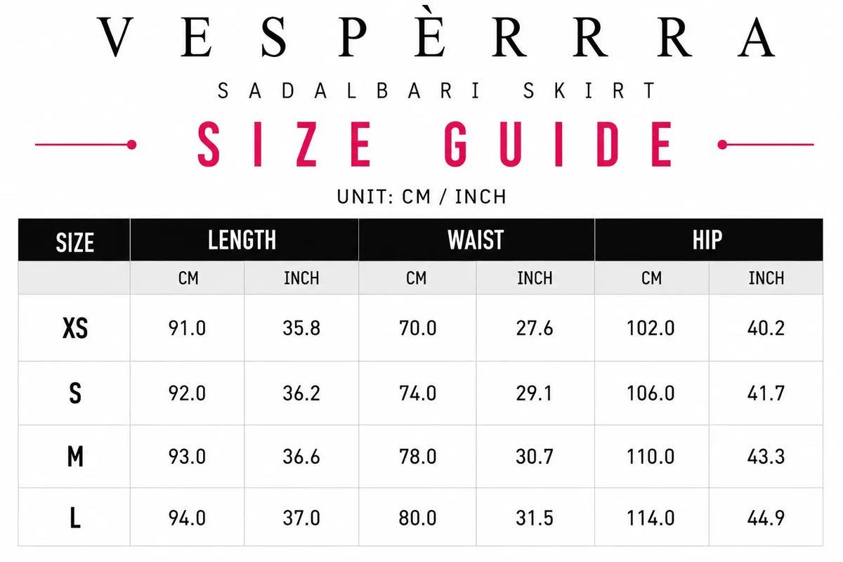Vespera Sadalbari Skirt Size Guide