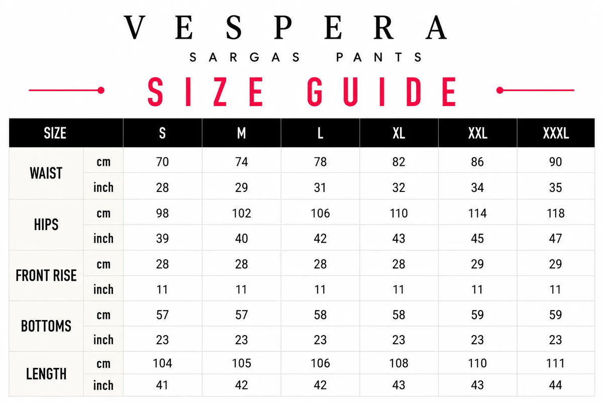 Vespera Sargas Pants Size Guide