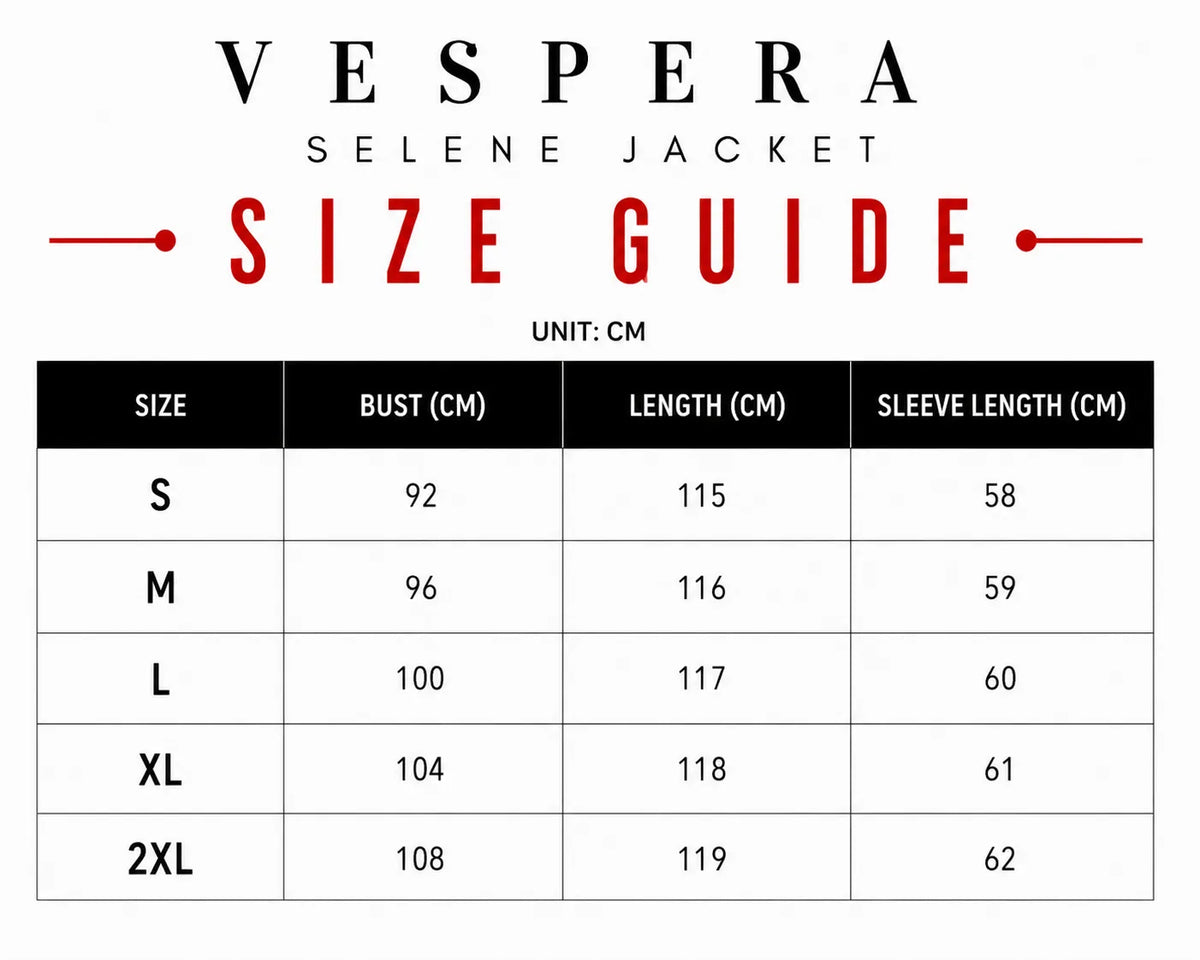 Vespera Selene Jacket Size Guide