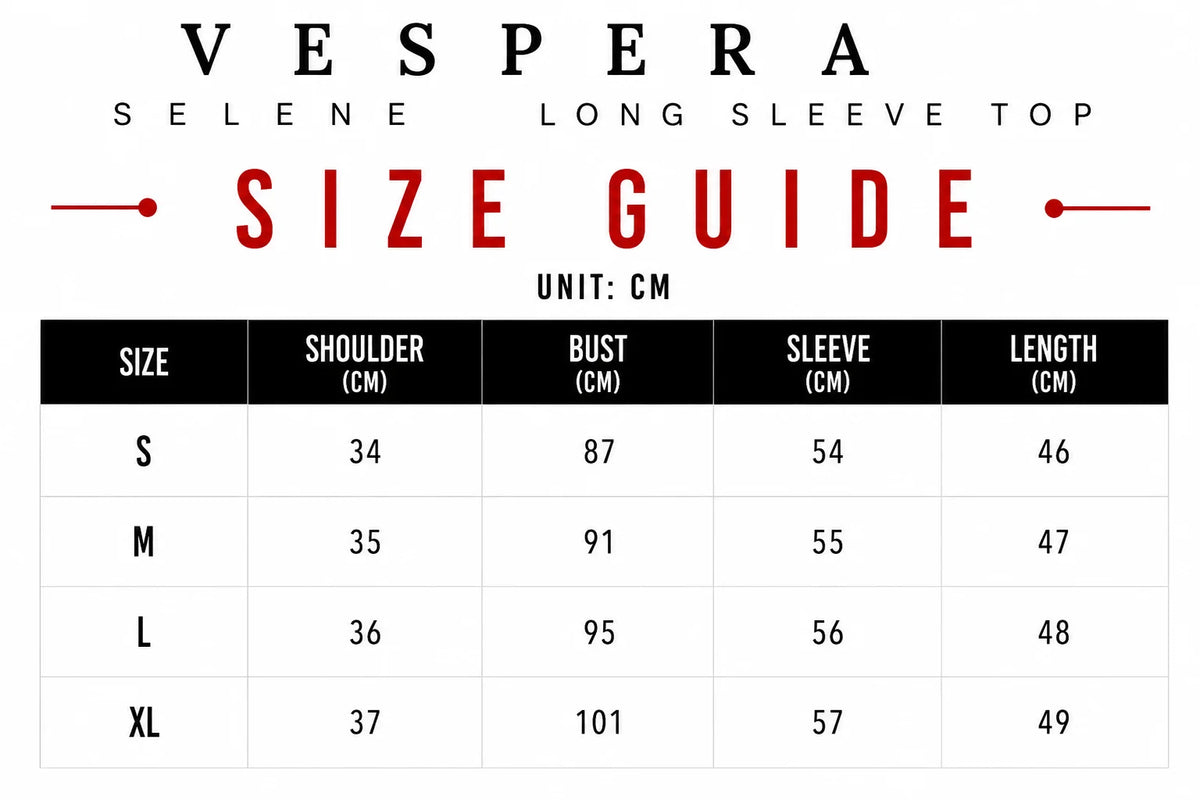 Vespera Selene Long Sleeve Top Size Guide