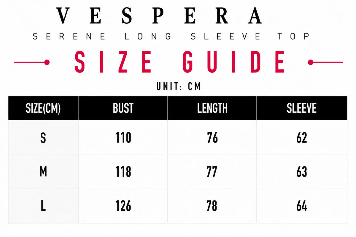 Vespera Serene Long Sleeve Top Size Guide