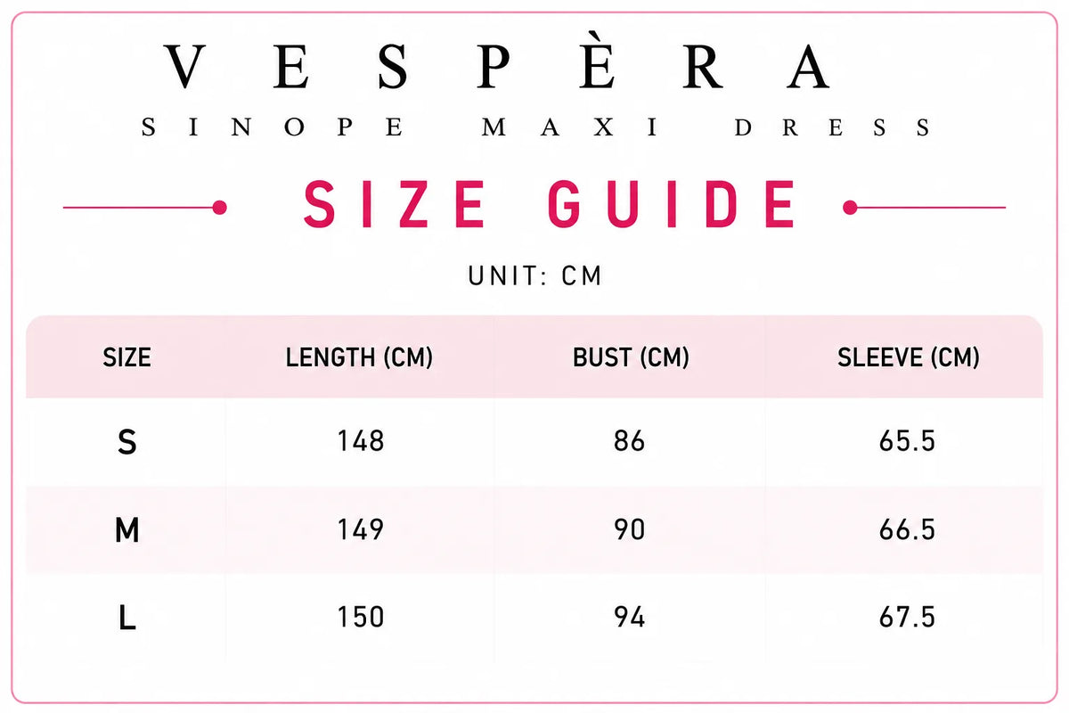 Vespera Sinope Maxi Dress Size Guide