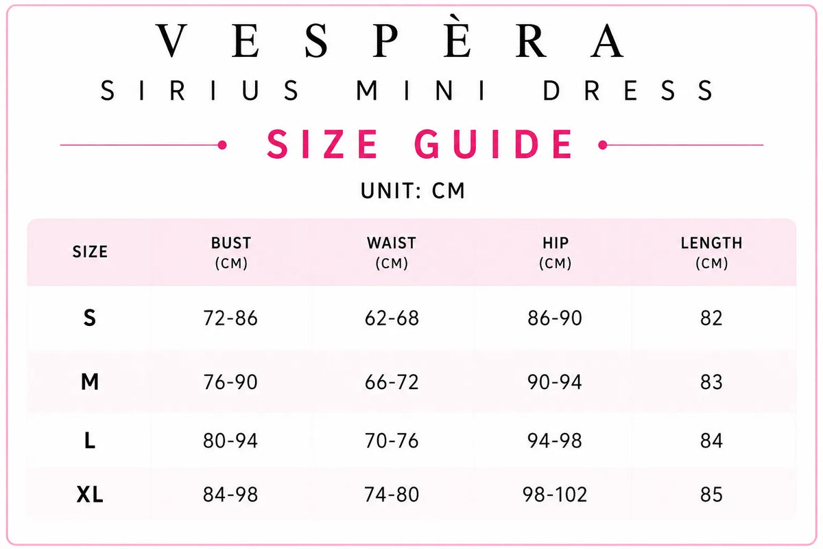 Vespera Sirius Mini Dress Size Guide