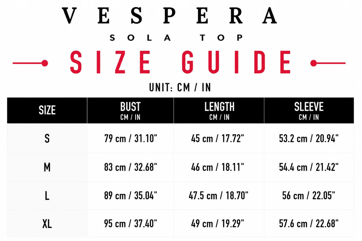 Vespera Sola Top Size Guide