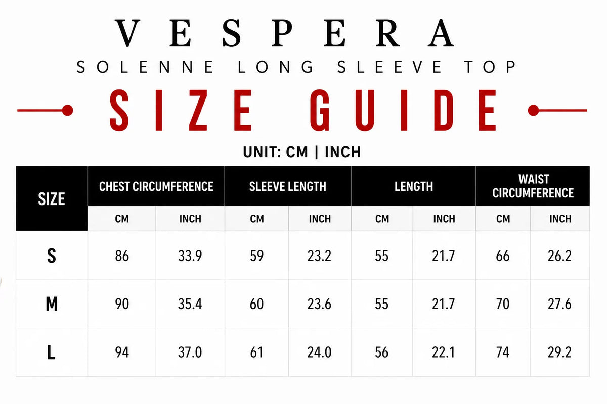 Vespera Solenne Long Sleeve Top Size Guide