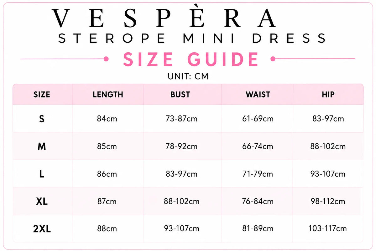 Vespera Sterope Mini Dress Size Guide