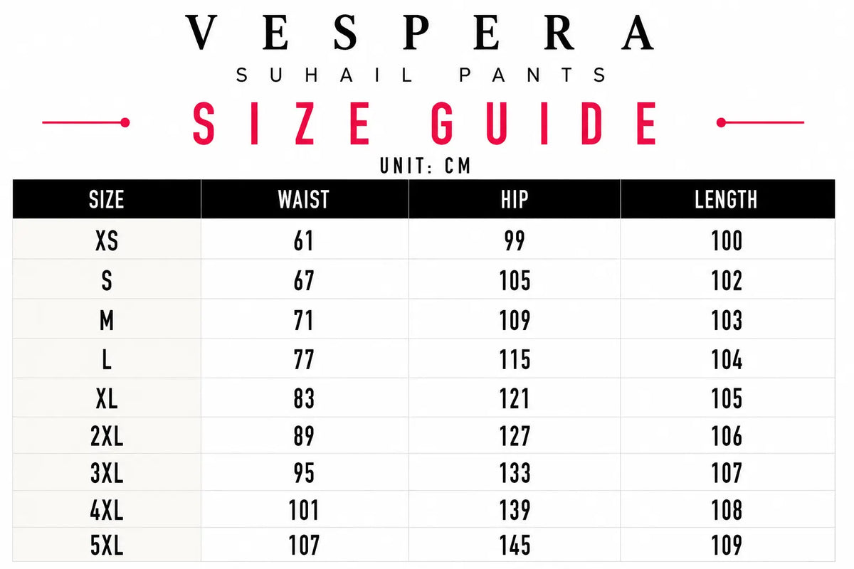 Vespera Suhail Pants Size Guide