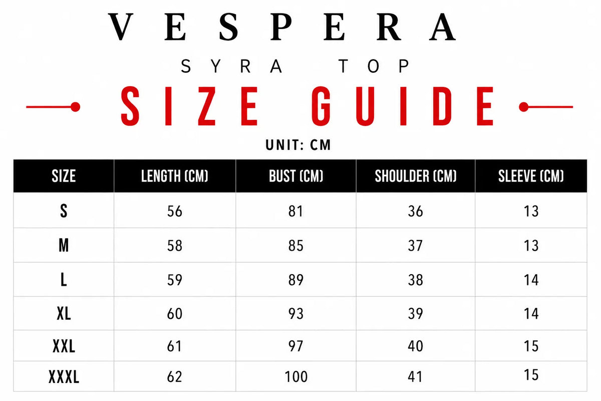 Vespera Syra Top Size Guide