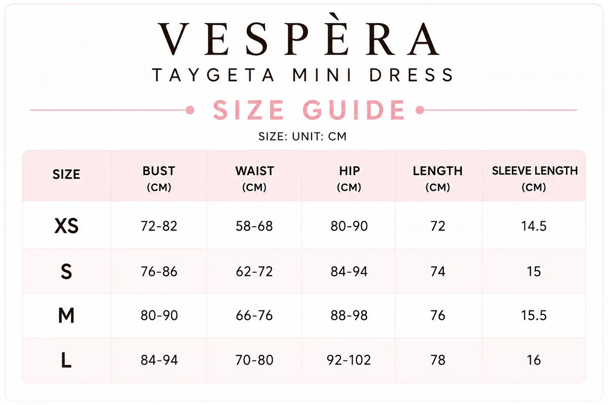 Vespera Taygeta Mini Dress Size Guide