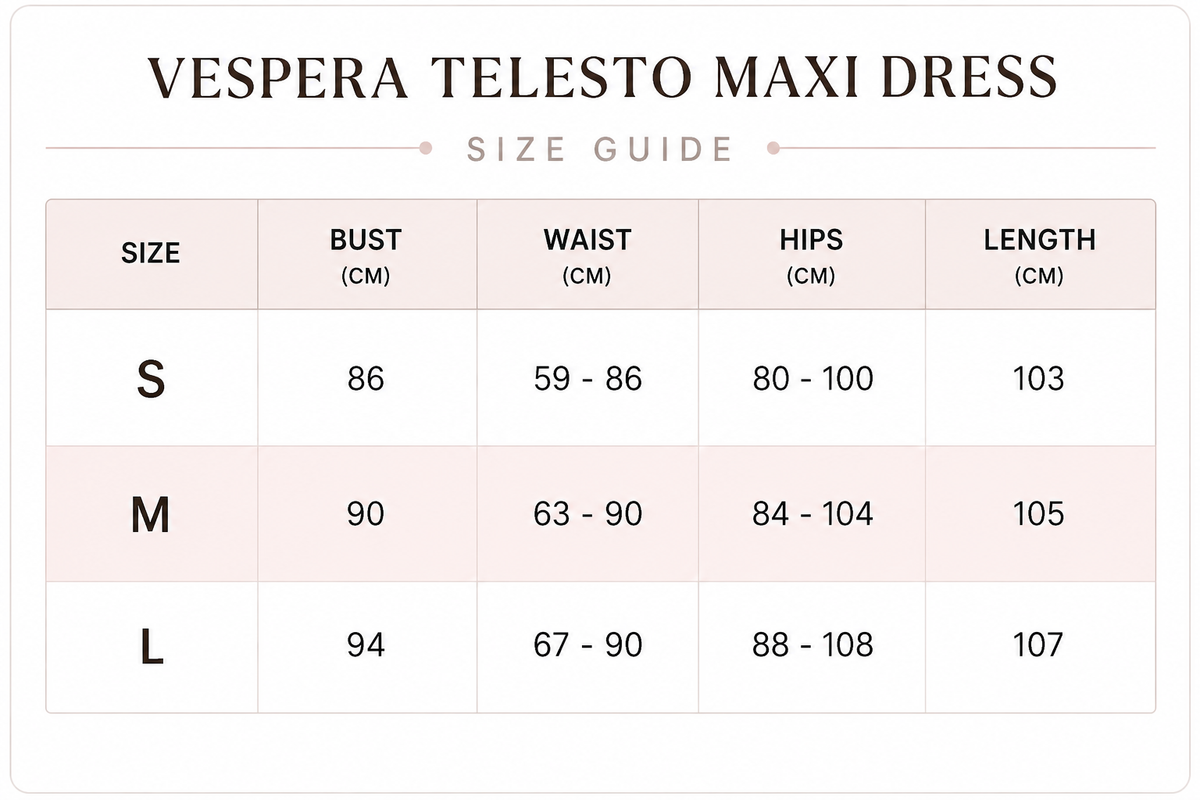Vespera Telesto Maxi Dress Size Guide