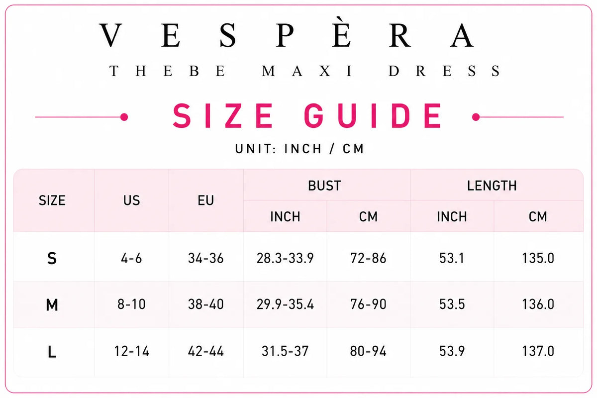 Vespera Thebe Maxi Dress Size Guide