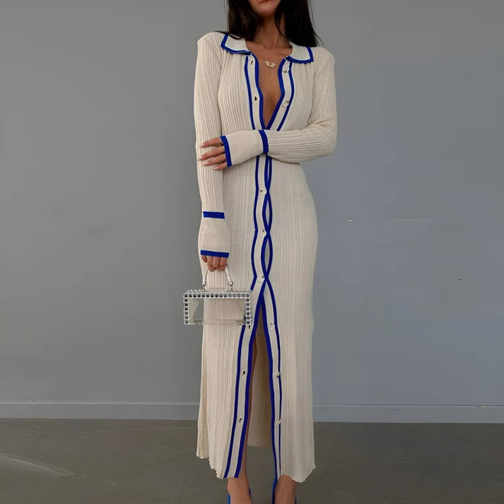 Model wearing Vespera Theia Maxi Dress – patchwork knit office maxi dress with slim fit and structured stretch by Vespera The Label.