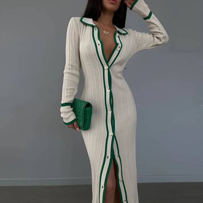 Model wearing Vespera Theia Maxi Dress– patchwork knit office maxi dress with slim fit and structured stretch by Vespera The Label.