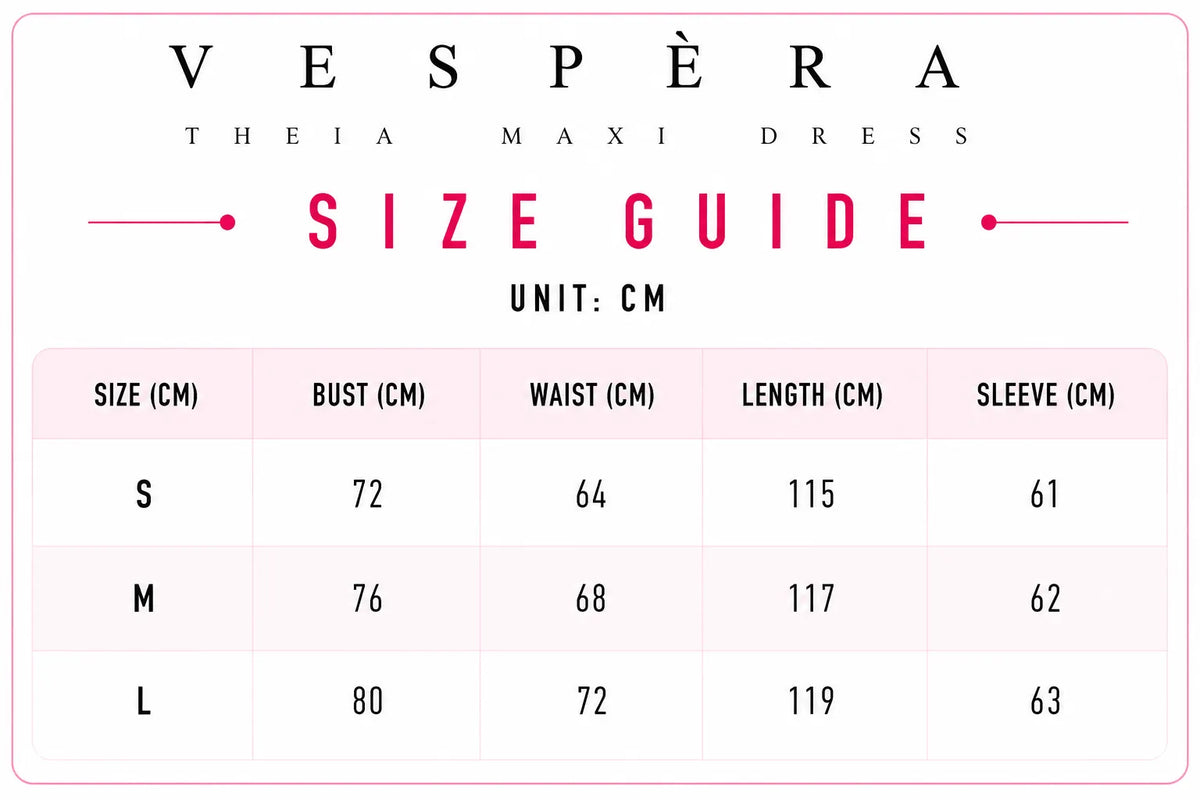 Vespera Theia Maxi Dress Size Guide