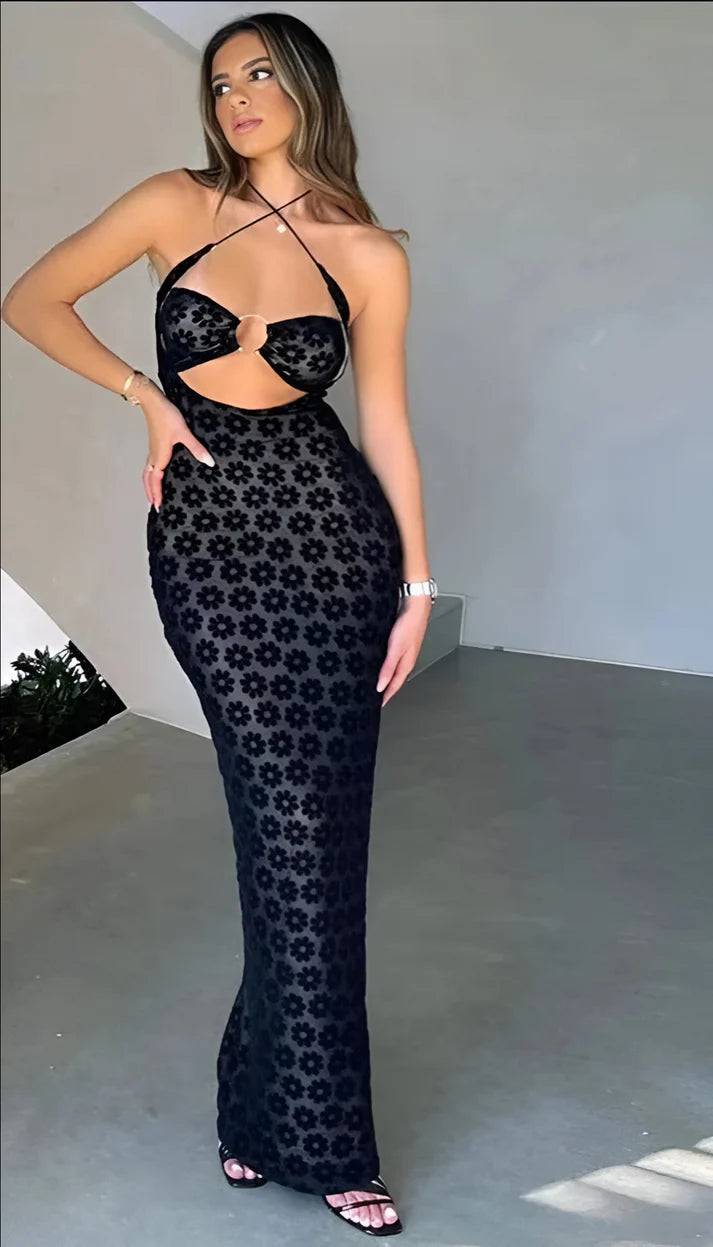 Model wearing Vespera Thelxinoe Maxi Dress – minimalist stretch beach maxi with sleek silhouette by Vespera  The Label.