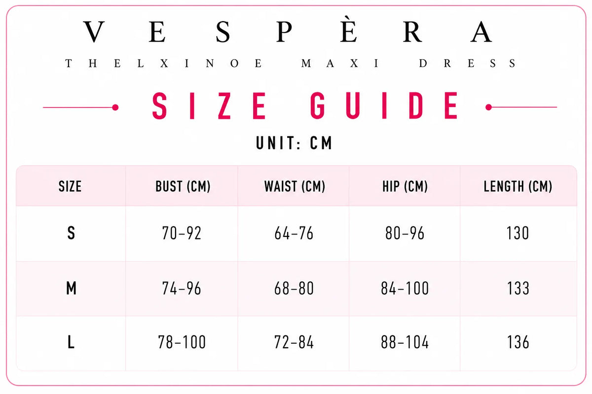 Vespera Thelxinoe Maxi Dress Size Guide