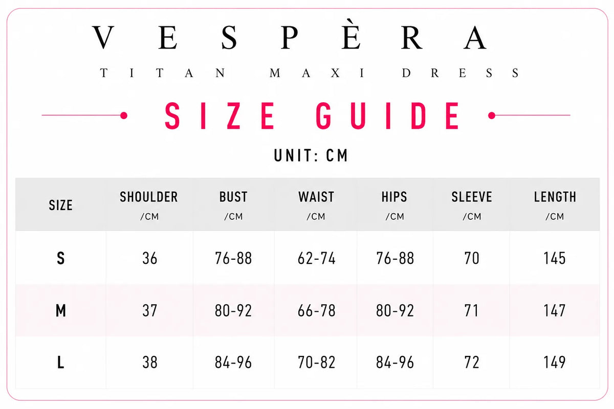 Vespera Titan Maxi Dress Size Guide