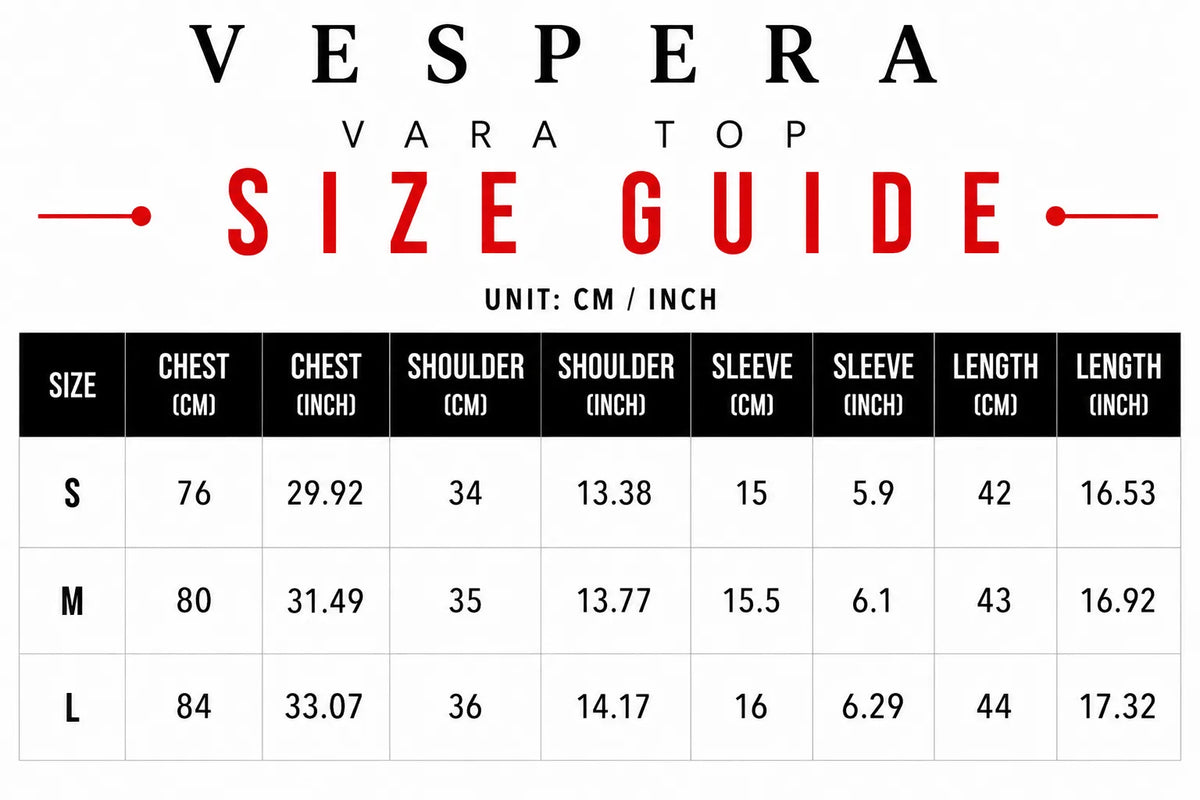 Vespera Vara Top Size Guide