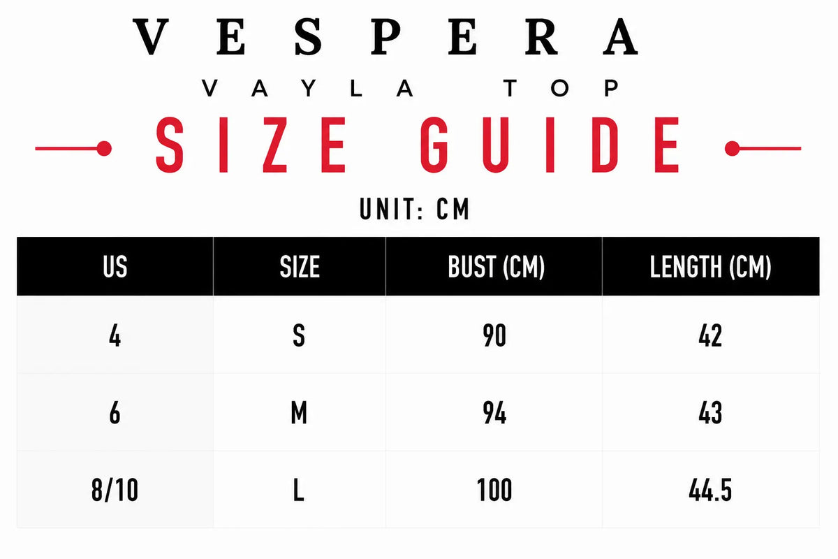 Vespera Vayla Top Size Guide