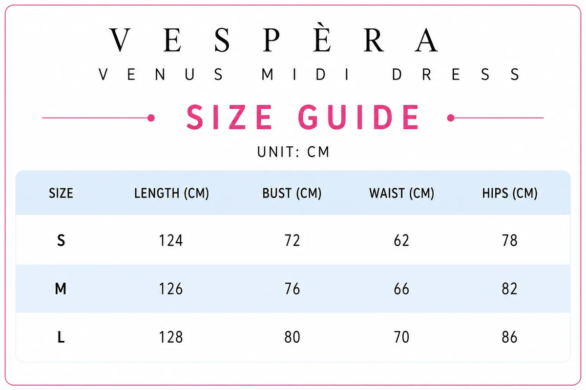 Vespera Venus Midi Dress Size Guide