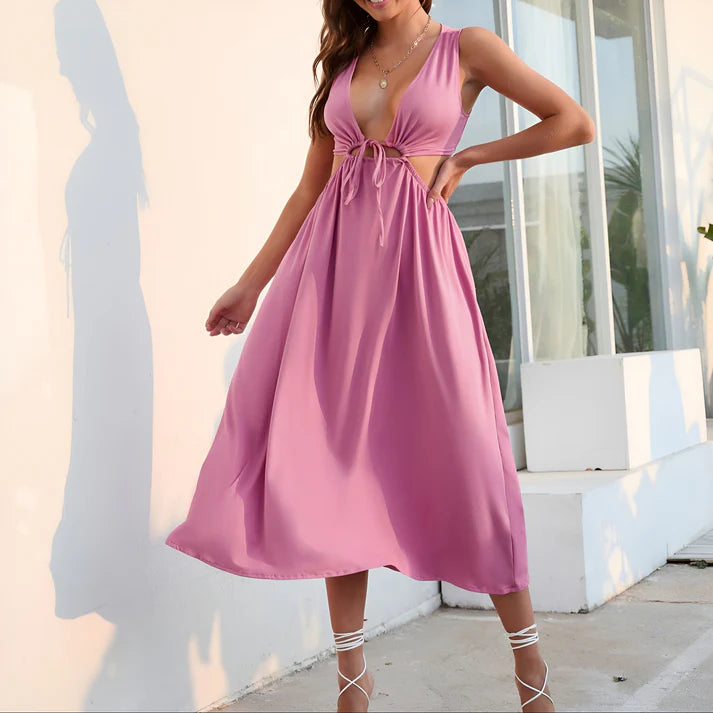 Model wearing Vespera Vesta Midi Dress – silk high-stretch beach mini dress with A-line cut by Vespera The Label.