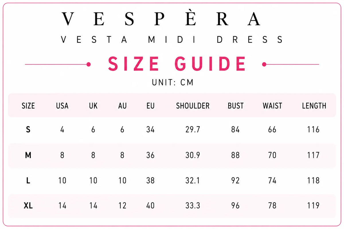 Vespera Vesta Midi Dress Size Guide