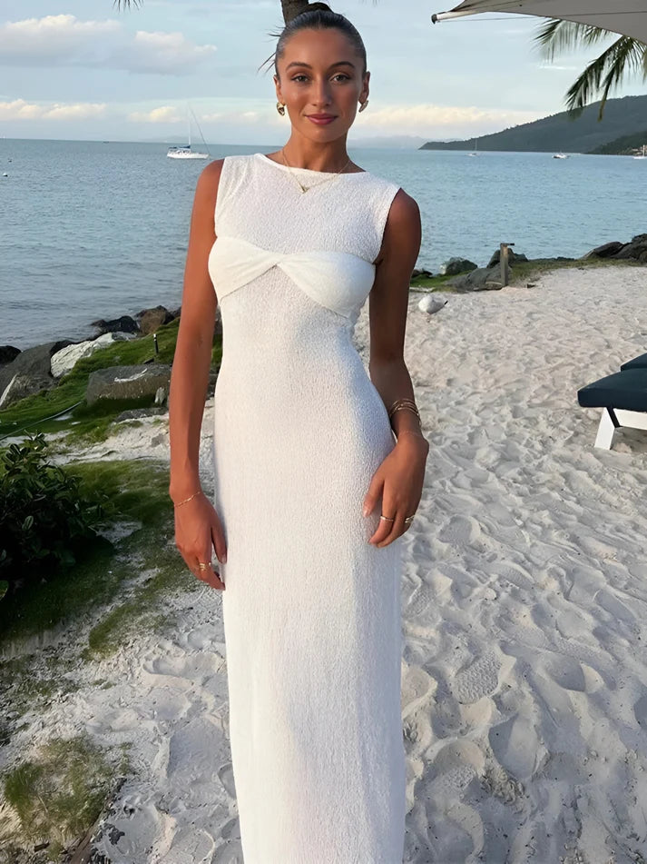 Model wearing Niana Maxi Dress – summer beach-style maxi dress with straight silhouette by Vespera The Label.