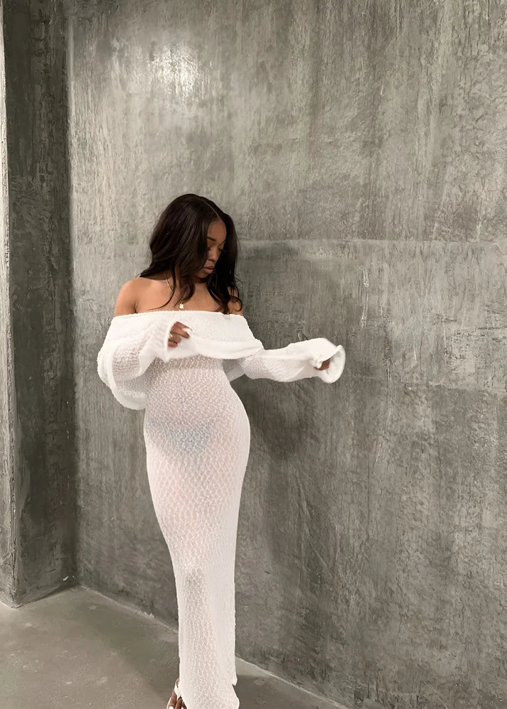 Model wearing Precilla Maxi Dress – relaxed fit minimalist maxi dress with high-stretch by Vespera The Label.